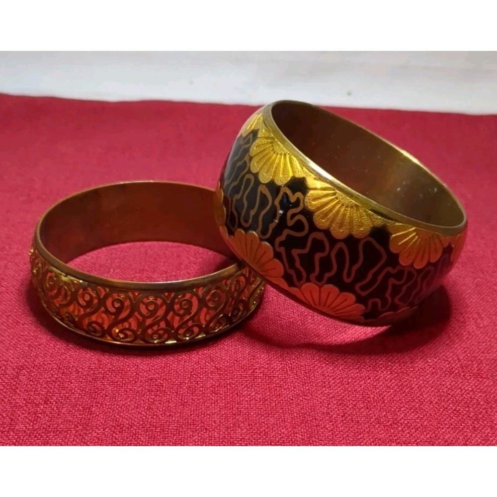 Pair of Vintage Brass Bangle‎ Bracelets Ornate Filigree and Chunky Art